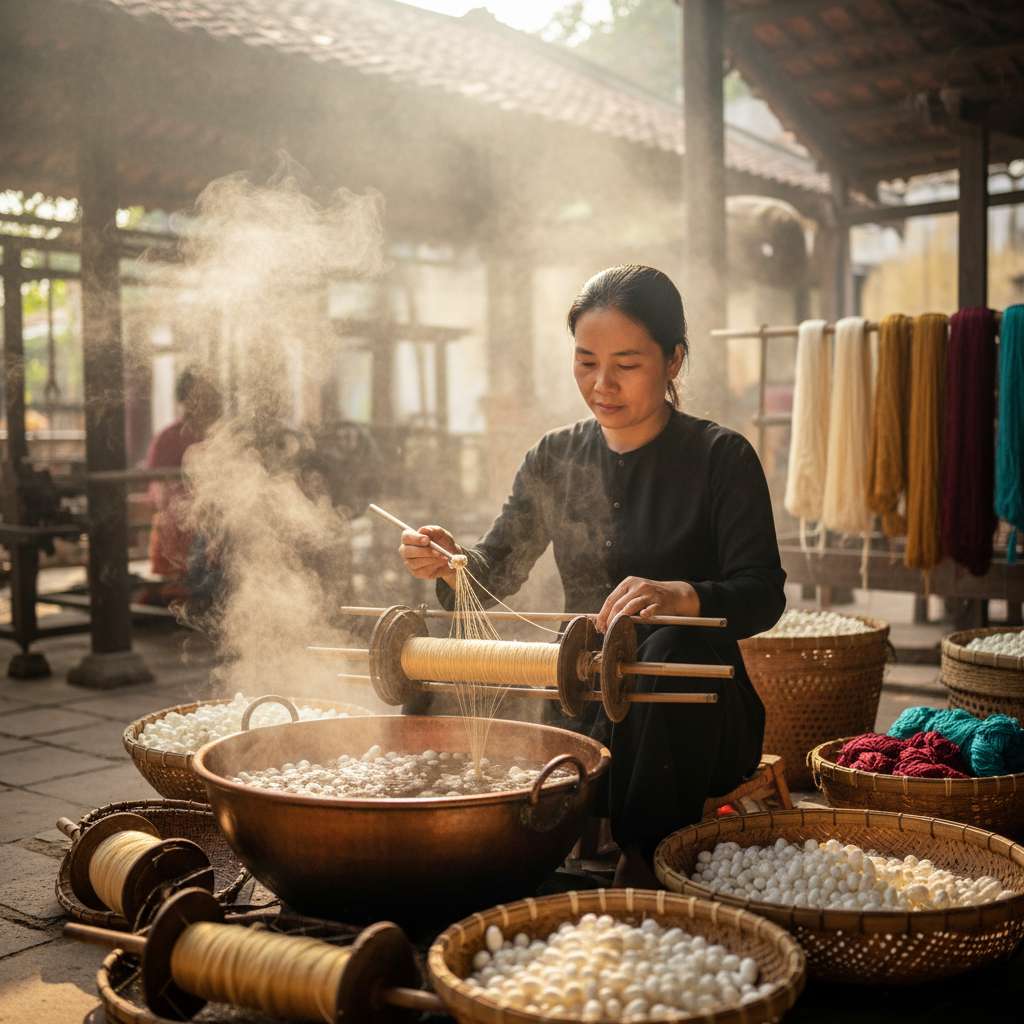 Nghệ nhân nữ ngồi bên nồi đồng bốc hơi nghi ngút trong xưởng ươm tơ làng Nha Xá, tay phải cầm đũa tre kéo sợi tơ vàng óng từ kén lên guồng tre phía trước, sợi tơ mảnh bắt sáng lấp lánh, xung quanh là rổ kén trắng và guồng tơ đã quấn đầy, ánh sáng tự nhiên từ mái ngói tạo hiệu ứng khói hơi nước mờ ảo, góc chụp ngang tầm mắt.