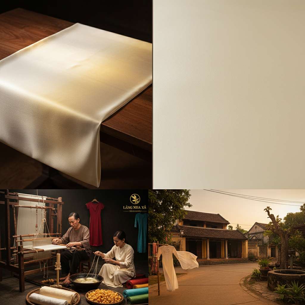 Ảnh chia đôi theo chiều dọc: bên trái là tấm lụa tơ tằm Nha Xá màu ngà tự nhiên bóng mượt đặt trên bàn gỗ, ánh sáng chiếu tạo hiệu ứng đổi sắc tinh tế; bên phải là mẫu vải polyester bóng đều nhân tạo không có chiều sâu, cùng điều kiện ánh sáng, giữa hai bên có đường phân cách mỏng, góc chụp từ trên xuống 45 độ, nền tối để tôn chất liệu.