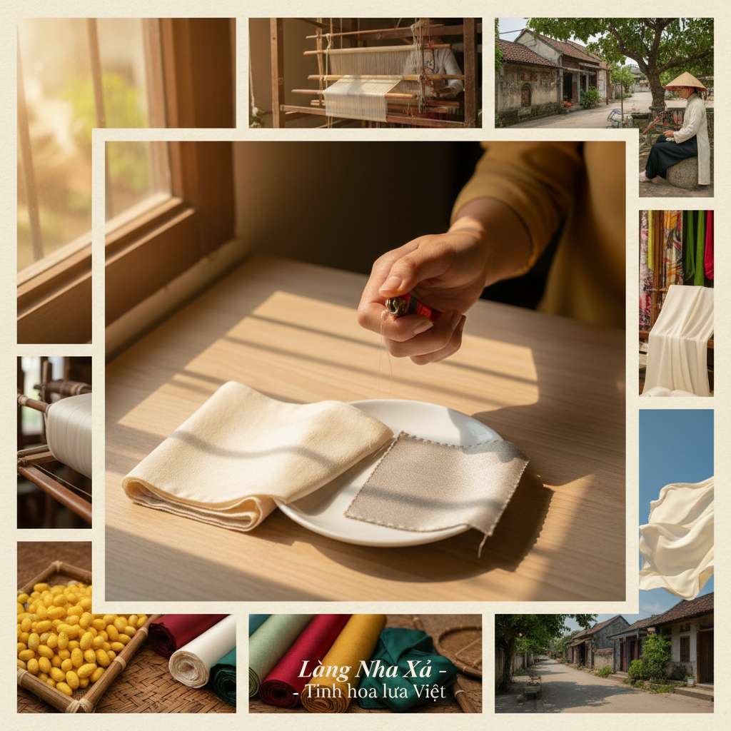 Bàn tay người phụ nữ đang cầm bật lửa đốt một sợi tơ tằm nhỏ trên nền đĩa sứ trắng, bên cạnh là mẫu vải lụa tơ tằm Nha Xá màu trắng ngà và một mẫu vải polyester bóng để so sánh, ánh sáng tự nhiên từ cửa sổ, góc chụp close-up từ trên xuống, nền bàn gỗ sáng