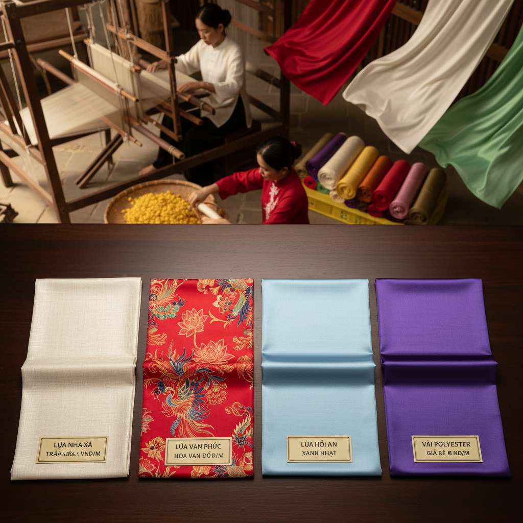 Bốn mẫu vải lụa xếp cạnh nhau trên bàn gỗ tối: lụa Nha Xá trắng ngà dệt mịn, lụa Vạn Phúc hoa văn đỏ, lụa Hội An màu xanh nhạt, và vải polyester bóng rẻ tiền — mỗi mẫu có thẻ nhỏ ghi tên và giá tham khảo, ánh sáng studio đều, góc chụp từ trên xuống flat lay