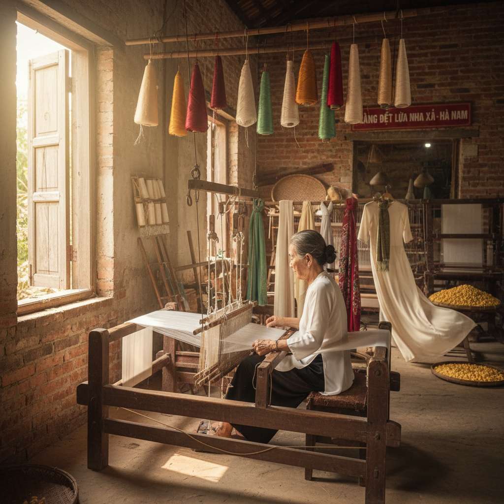 Nghệ nhân nữ lớn tuổi làng Nha Xá ngồi trước khung dệt gỗ truyền thống, tay đang luồn thoi dệt sợi tơ tằm trắng óng, xung quanh là các cuộn tơ tằm đủ màu treo trên giá gỗ, ánh sáng tự nhiên chiếu qua cửa sổ xưởng dệt, không gian mộc mạc với tường gạch cũ, góc chụp ngang tầm mắt từ bên cạnh