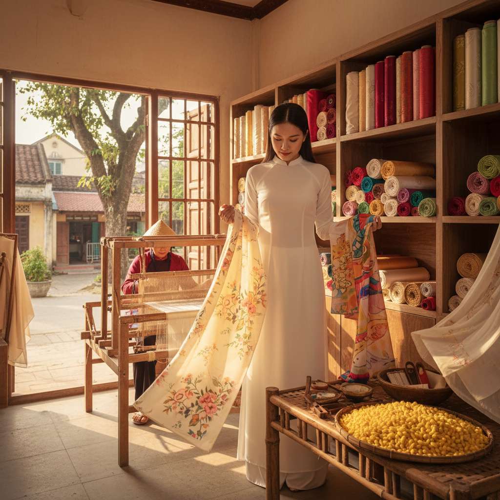 Ảnh một người phụ nữ Việt Nam trẻ mặc áo dài trắng đang cầm hai mẫu vải lụa trên hai tay để so sánh — tay trái là lụa hoa văn truyền thống tông vàng kem, tay phải là lụa màu sắc rực rỡ kiểu hiện đại. Cô đứng trong không gian cửa hàng lụa truyền thống với kệ gỗ trưng bày nhiều cuộn vải phía sau. Ánh sáng tự nhiên từ cửa sổ, góc chụp medium shot chính diện, tone ấm nhẹ.