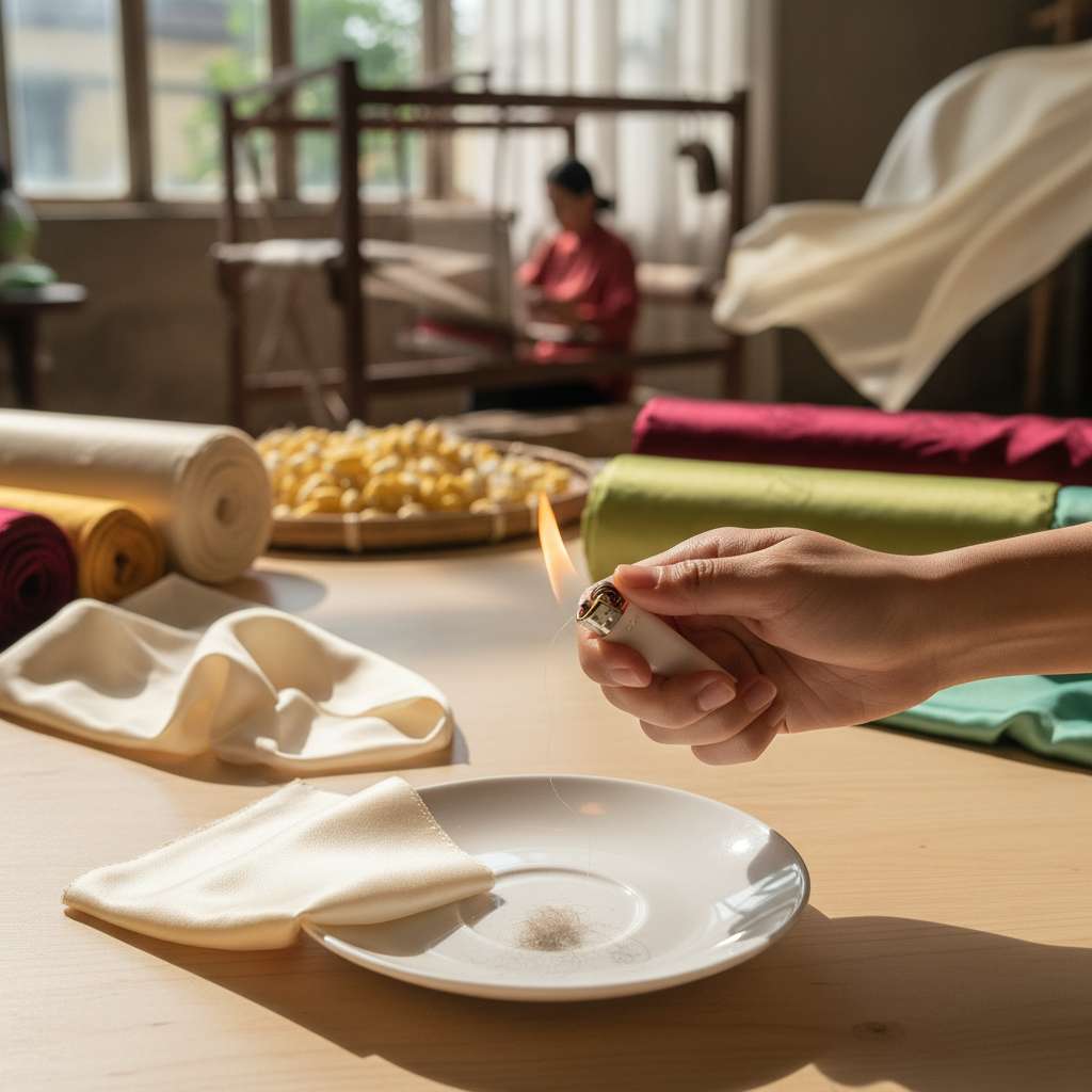 Ảnh cận cảnh bàn tay nữ đang cầm bật lửa đốt một sợi tơ tằm nhỏ trên nền đĩa sứ trắng, bên cạnh là hai mẫu vải lụa — một mẫu lụa thật màu ngà bóng mượt tự nhiên và một mẫu lụa giả bóng nhựa. Tro tơ tằm thật mềm tan trên đĩa. Ánh sáng ban ngày từ cửa sổ, góc chụp macro từ trên xuống, nền gỗ sáng, phong cách editorial sạch sẽ.