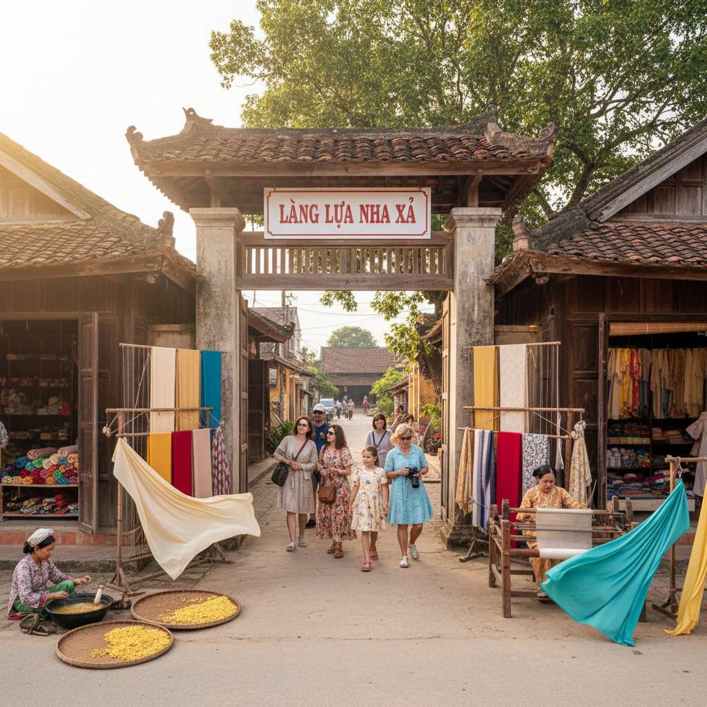 Ảnh toàn cảnh cổng làng Vạn Phúc với biển tên