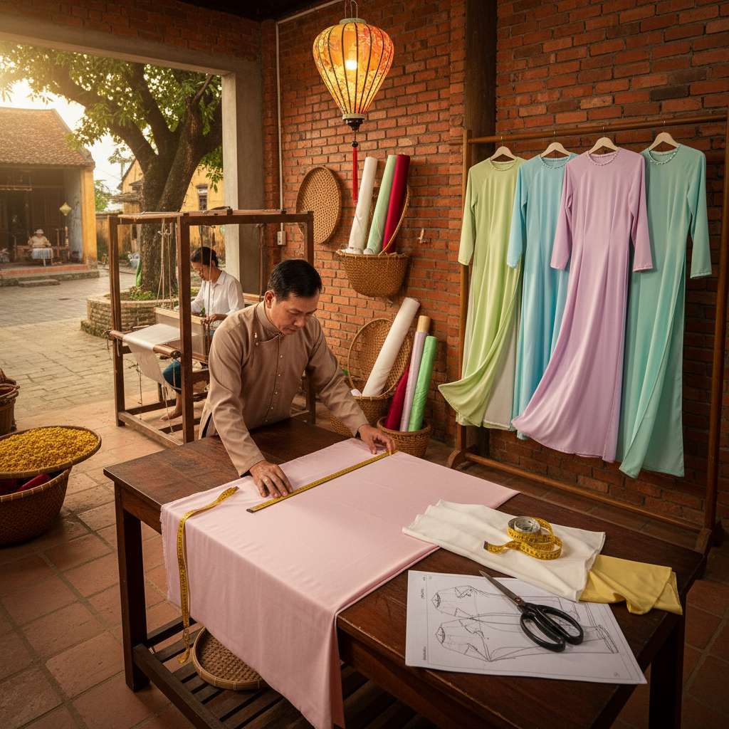 Người thợ may lành nghề đang cẩn thận đo và cắt tấm vải lụa tơ tằm màu hồng phấn trên bàn cắt gỗ lớn, bên cạnh là thước dây, kéo chuyên dụng và bản vẽ thiết kế áo dài. Phía sau là giá treo với 3 bộ áo dài lụa đã hoàn thiện trong các tông màu pastel. Không gian tiệm may ấm cúng với tường gạch cổ, ánh sáng vàng ấm từ đèn trần, góc chụp ngang tầm mắt từ phía bên.