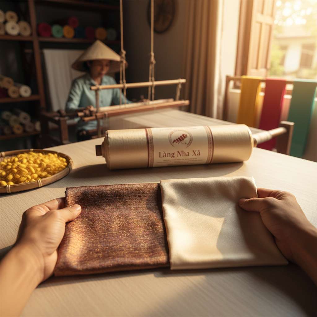 Cận cảnh hai bàn tay đang cầm hai mẫu vải đặt cạnh nhau trên nền bàn gỗ sáng — bên trái là lụa tơ tằm Nha Xá thật có ánh sắc óng ả đổi màu nhẹ dưới ánh sáng tự nhiên, bên phải là lụa polyester giả bóng đều không có chiều sâu. Phía sau là một cuộn lụa Nha Xá còn nguyên tem nhãn. Ánh sáng cửa sổ chiếu từ bên phải, góc chụp cận cảnh từ trên xuống 30 độ.