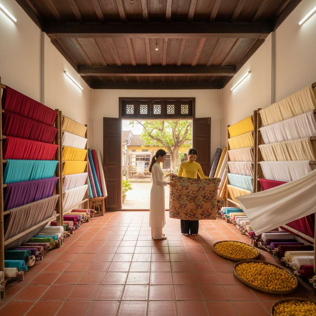 Không gian showroom lụa tại làng Nha Xá — phòng trưng bày rộng rãi với hàng chục cuộn vải lụa tơ tằm nhiều màu sắc (đỏ, vàng, xanh ngọc, tím, trắng ngà) xếp trên kệ gỗ dọc hai bên tường. Ở giữa phòng, hai phụ nữ Việt Nam đang cùng nhau chọn vải, một người giở tấm lụa gấm hoa sen ra ánh sáng. Nền sàn gạch đỏ, trần gỗ truyền thống, ánh sáng tự nhiên tràn vào từ cửa lớn phía trước, góc chụp rộng từ phía cửa nhìn vào.